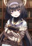  1girl bags_under_eyes bangs black_hair blue_archive blue_hairband blurry blurry_background blush book bookshelf crossed_bangs fagi_(kakikaki) hairband halo holding holding_book indoors jewelry long_hair long_sleeves looking_at_viewer neckerchief necklace parted_lips purple_eyes sailor_collar school_uniform serafuku solo sweat twintails ui_(blue_archive) very_long_hair wavy_mouth white_sailor_collar 