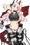  1girl arknights arms_behind_back black_sports_bra blush breasts cowboy_shot ekuesu elite_ii_(arknights) grey_hair highres holding holding_weapon large_breasts long_hair looking_at_viewer mudrock_(arknights) navel oripathy_lesion_(arknights) pants red_eyes red_ribbon ribbon simple_background solo sports_bra stomach war_hammer weapon white_background white_pants 
