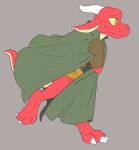  3_toes 4_fingers ambiguous_gender anthro biped brown_tunic claws clothing digitigrade ears_down fangs feet fingers flat_colors gloves green_cloak green_eyes grey_background handwear hi_res horn kobold kyrio pivoted_ears red_body scalie simple_background smile snout solo toe_claws toes 