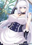  1girl azur_lane bangs belfast_(azur_lane) breasts broken broken_chain chain cleavage covered_navel day dress gloves hellandheaven highres indoors large_breasts long_hair maid maid_headdress patreon_username purple_eyes solo very_long_hair white_hair 