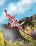  black_horn brown_hair claws cloud day detailed_background dragon eyes_closed fangs felisal_(nuree_art) feral grass hair happy hi_res horn leaf male mountain nature nuree_art outside plant raised_head red_body relaxing scalie sky smile solo spikes western_dragon white_body wings wyvern 