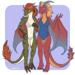  1:1 2022 3_fingers 3_toes 4_fingers 4_toes anthro bikini blue_eyes breasts clothed clothing digital_media_(artwork) dragon duo eztli_(user_55) feet female fingers horn lizard melody_(user_55) membrane_(anatomy) membranous_wings non-mammal_breasts reptile scalie simple_background smile standing swimwear toes unimpressive_(artist) wings 