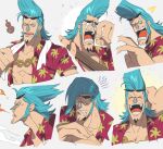 ^_^ ^o^ blue_hair breathing_fire chain closed_eyes cola cracking_knuckles crying cyborg expressions eyewear_on_head fire franky_(one_piece) hawaiian_shirt highres male_focus mechanical_parts multiple_views one_piece open_clothes open_mouth open_shirt qin_(7833198) shirt simple_background smile sunglasses surprised white_background 