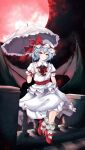  1girl absurdres ascot bat_wings blue_hair bow closed_mouth full_moon hair_bow hat highres holding holding_umbrella looking_at_viewer mob_cap moon orchid_(orukido) outdoors pointy_ears red_ascot red_bow red_eyes red_footwear remilia_scarlet shirt short_hair skirt smile socks solo touhou umbrella white_headwear white_shirt white_skirt white_socks white_umbrella wings 