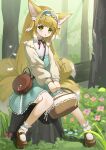  1girl :o absurdres animal_ears ankle_cuffs arknights bag basket blonde_hair blue_dress blue_flower blue_hairband blush brown_bag brown_footwear cardigan dress fallen_tree flower forest fox_ears fox_girl fox_tail frilled_hairband frills grass green_eyes hairband highres holding holding_basket long_sleeves looking_at_viewer multicolored_hair nature neck_ribbon official_alternate_costume open_cardigan open_clothes outdoors pink_flower red_ribbon ribbon satchel shoes shoulder_bag shuijiaojun sitting socks solo streaked_hair suzuran_(arknights) suzuran_(spring_praise)_(arknights) tail tree_stump white_hair white_socks yellow_cardigan 