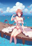  1girl absurdres animal_ears antenna_hair arknights bikini blue_sky blush breasts bridal_garter brown_hair cleavage cloud cloudy_sky dhsl dock eyjafjalla_(arknights) eyjafjalla_(summer_flowers)_(arknights) falling_petals hand_up head_tilt highres horns long_hair medium_breasts ocean off-shoulder_bikini off_shoulder official_alternate_costume outdoors petals pink_bikini pink_eyes plaid plaid_bikini sarong sheep_ears sheep_girl sheep_horns sitting sky smile soaking_feet solo stomach swimsuit water white_sarong 