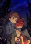  anthro bandai_namco betelgammamon blush brown_hair campfire camping digimon digimon_ghost_game duo hair hand_holding hi_res hiro_amanokawa horn human kabo_lab male male/male mammal red_body scalie sky star starry_sky yellow_eyes 