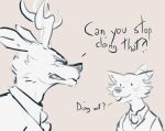  2022 angry anthro antlers beastars black_nose blush canid canine canis cervid clothed clothing dialogue duo embarrassed fur hi_res horn legoshi_(beastars) louis_(beastars) male mammal nyankyun540 simple_background sketch text uniform wolf 