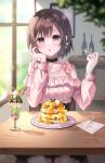  1girl :o alcohol bangs bare_shoulders black_choker black_skirt blueberry blurry blurry_foreground bob_cut braid breasts brown_hair butter_knife chie_(user_snfh8333) choker collarbone food fork frilled_shirt frills fruit hand_on_own_face highres holding holding_fork ice_cream indoors light_particles long_sleeves looking_at_viewer medium_breasts on_chair open_mouth pancake pink_shirt plate project_sekai red_eyes shadow shinonome_ena shirt short_hair single_braid sitting skirt solo sundae sunlight syrup table tree window 