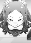  1girl bangs breasts breasts_out chinese_clothes fate/grand_order fate_(series) forehead from_above greyscale highres licking_lips long_hair monochrome nipples parted_bangs small_breasts smile solo standing tongue tongue_out twintails user_rwrd8537 wu_zetian_(fate) 