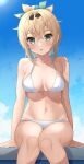  1girl :o absurdres bikini black_hairband blonde_hair blue_sky blush breasts collarbone day dot_nose green_eyes hairband highres hisui_(user_zvkr2432) hololive kazama_iroha looking_at_viewer medium_breasts navel outdoors parted_lips sitting sky solo stomach swimsuit thighs virtual_youtuber wet white_bikini 