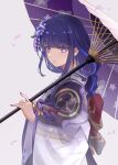  1girl absurdres braid braided_ponytail genshin_impact highres holding holding_umbrella japanese_clothes kimono long_hair long_sleeves looking_at_viewer mon-chan oil-paper_umbrella open_mouth purple_eyes purple_hair purple_kimono purple_nails raiden_shogun solo umbrella 