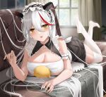  1girl aegir_(azur_lane) aegir_(iron_blood&#039;s_dragon_maid)_(azur_lane) arm_garter azur_lane bangs blush breasts cleavage couch curtains demon_horns dot_nose frilled_hairband frills full_body garter_straps hair_between_eyes hairband hand_up highres horns indoors large_breasts long_hair lying maid manjuu_(azur_lane) multicolored_hair on_couch on_stomach parted_lips qing_wu skindentation streaked_hair the_pose thighhighs thighs very_long_hair white_hair white_thighhighs window 