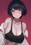  1girl artist_name bad_id bad_pixiv_id bare_shoulders black_tank_top blush breasts cleavage collarbone crop_top grin highres large_breasts looking_at_viewer off_shoulder original parted_lips short_hair smile solo sooon stomach tank_top teeth 