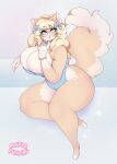  anthro big_breasts blonde_hair breasts clothing domestic_cat eyewear felid feline felis female fur glasses hair hi_res huge_breasts mammal maplepudding multicolored_body multicolored_fur one-piece_swimsuit solo swimwear thick_thighs two_tone_body two_tone_fur 