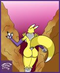  anthro bandai_namco big_butt butt canid canine digimon digimon_(species) digital_media_(artwork) digiworld female fox fur genitals mammal mountain nude pussy rear_view reddragonkan renamon solo yellow_body yellow_fur 