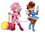  absolute_territory absurd_res alternate_costume amy_rose anthro archie_comics blue_eyes boots breasts brown_body brown_hair clothing clothing_swap dress duo eulipotyphlan featureless_breasts featureless_crotch female footwear gloves green_eyes hair hammer hand_on_hip handwear hedgehog hi_res jacket looking_at_viewer mammal minus8 navel phone pink_body question_mark rodent sally_acorn sciurid sega simple_background sonic_the_hedgehog_(archie) sonic_the_hedgehog_(comics) sonic_the_hedgehog_(series) tools topwear 
