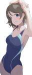 1girl armpits arms_up blue_eyes blue_one-piece_swimsuit breasts brown_hair competition_swimsuit covered_navel highres hiroki_(yyqw7151) looking_at_viewer love_live! love_live!_sunshine!! medium_breasts one-piece_swimsuit short_hair simple_background smile solo swimsuit watanabe_you white_background 