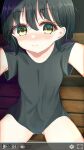  1girl ass_visible_through_thighs aties20 bangs black_hair black_shirt blush closed_mouth commentary_request fake_video green_eyes hair_between_eyes highres looking_at_viewer nose_blush original shirt short_sleeves sitting solo wide_sleeves 