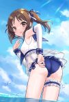  1girl arm_warmers armpits ass bikini blue_bikini brown_eyes brown_hair cloud eluthel from_behind highres idolmaster idolmaster_cinderella_girls leaning_forward long_hair looking_back open_mouth shirt sky smile solo swimsuit tachibana_arisu thighs twintails wading water white_bikini white_shirt 