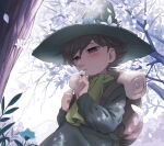  1boy absurdres bag blush brown_eyes brown_hair commentary_request flower hat highres male_focus moomin nature osasimiyabai outdoors scarf short_hair snufkin solo tree 