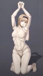  1girl arms_up barcode black_hairband blonde_hair blue_eyes doll doll_joints english_commentary grey_background hairband highres joints kneeling lips long_hair looking_at_viewer navel no_nipples no_pussy nude original rob_110101101 robot shadow solo 