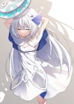  1girl arms_behind_head arms_up bangs capelet closed_eyes closed_mouth commentary_request creek_(moon-sky) dress hair_between_eyes highres long_hair original sleeveless sleeveless_dress smile solo standing very_long_hair white_capelet white_dress white_hair 