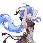  1girl :3 ahoge arms_up bangs bell blue_hair bodystocking closed_mouth commentary_request cowbell cowboy_shot flower_knot ganyu_(genshin_impact) genshin_impact goat_horns gold_trim hair_between_eyes hands_on_own_horns highres horns long_hair looking_at_viewer low_ponytail red_eyes shami_(user_knxn7738) simple_background smile solo very_long_hair white_background 