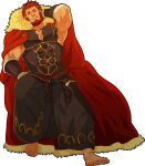  1boy :q arm_behind_head armor armpits bara barefoot beard cape commentary_request facial_hair fate/zero fate_(series) from_below full_body iskandar_(fate) looking_at_viewer male_focus pectoral_cleavage pectorals photoshop_(medium) red_eyes red_hair seductive_smile shuuki_(kinsei) smile solo tongue tongue_out 
