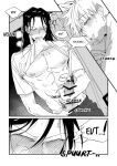  2boys anal bite_mark black_hair clothes_lift getou_suguru gojou_satoru grabbing_penis highres jujutsu_kaisen long_haired_male male_focus male_on_male male_penetrating male_penetrating_male male_penetration multiple_boys muscular muscular_male penetration satoru_gojo shirt_lift suguru_geto sugusato yaoi 