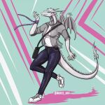  abstract_background anthro bag blue_eyes bottomwear claws clothing costume dragon eyelashes fangs grey_body horn jacket looking_at_viewer nuree_art pants raised_tail reevah_(nuree_art) running scalie shirt silver_body simple_background smile spikes topwear western_dragon white_body wings 