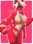  anthro breasts canid canine female fluffy fluffy_tail fur genitals hair hi_res mammal mauricebeverle2 multicolored_body multicolored_fur nipples nude pussy red_body red_eyes red_fur simple_background smile solo thick_thighs two_tone_body two_tone_fur white_body white_fur 