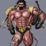  1boy abs arm_tattoo bara beard black_hair facial_hair gloves hanzo_(overwatch) highres large_pectorals male_focus muscular muscular_male nipples non-web_source pectorals samurai solo stable_diffusion tattoo 