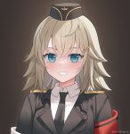  1girl armband bangs black_headwear black_necktie blonde_hair blue_eyes collared_shirt crossed_bangs epaulettes garrison_cap girls&#039;_frontline hair_between_eyes hat highres military_hat mp41_(girls&#039;_frontline) necktie portrait red_armband rynzfrancis shirt short_hair smile solo white_shirt 