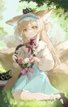  1girl absurdres animal_ear_fluff animal_ears arknights basket blonde_hair blue_hairband blue_skirt blush bow cardigan closed_mouth creature creature_on_head expressionless flower flower_wreath fox_ears fox_girl fox_tail frilled_hairband frills full_body grass green_eyes hairband hakuto_kinkinko heixiu highres holding_wreath leaf long_hair long_sleeves looking_at_viewer luoxiaohei multiple_tails neck_ribbon official_alternate_costume pink_bow red_ribbon ribbon sidelocks sitting skirt solo suzuran_(arknights) suzuran_(spring_praise)_(arknights) tail the_legend_of_luo_xiaohei wariza white_cardigan white_flower 