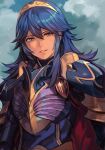  1girl armor bangs blue_eyes blue_hair breastplate breasts fire_emblem fire_emblem_awakening hungry_clicker long_hair long_sleeves looking_at_viewer lucina_(fire_emblem) medium_breasts pauldrons shoulder_armor smile solo tiara 