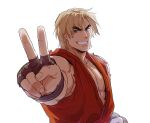  1boy backlighting bara blonde_hair dougi fingerless_gloves forked_eyebrows gloves grin highres ken_masters leather male_focus muscular muscular_male pectoral_cleavage pectorals red_shirt shirt short_hair sidepec smile solo street_fighter thick_eyebrows torn_clothes torn_sleeves upper_body v yuiofire 