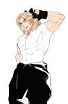  1boy alternate_costume bara biceps black_pants blonde_hair bow contrapposto covered_abs dougi feet_out_of_frame fingerless_gloves gloves grin hair_bow highres ken_masters long_hair looking_at_viewer male_focus muscular muscular_male one_eye_closed pants pectorals shirt smile solo standing street_fighter taut_clothes taut_shirt thick_eyebrows v white_shirt yuiofire 