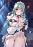  1girl apron bangs blue_eyes blush bow bowtie breasts cameltoe clothes_lift detached_collar detached_sleeves dress frills garter_straps green_hair hair_ornament kochiya_sanae large_breasts long_hair looking_at_viewer maid maid_apron maid_headdress miyase_mahiro night nipples panties parted_lips puffy_sleeves ribbon skirt skirt_lift snake solo thighhighs touhou underwear white_panties wrist_cuffs 