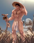  1boy abs alternate_costume bara black_hair bulge feet_out_of_frame grass hat loincloth looking_to_the_side male_focus multiple_sources muscular muscular_male navel nipples outdoors pectorals ryu_(street_fighter) short_hair solo standing stomach straw_hat street_fighter sunlight sweat thick_eyebrows thighs topless_male translation_request yuiofire 