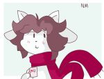  4_ears anthro beverage blush blush_lines brown_hair button_eyes coffee container cup female fur hair monster mouth_closed multi_ear nyamimi red_scarf scarf simple_background solo tem temmie_(undertale) undertale undertale_(series) video_games white_body white_fur 