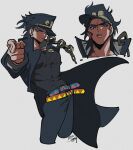  1boy belt black_coat black_hair black_pants black_shirt blue_eyes chain coat commentary_request cowboy_shot cropped_head cropped_legs earrings film_grain gakuran grey_background hat jewelry jojo_no_kimyou_na_bouken jojo_pose karabako kujo_jotaro long_coat male_focus multiple_belts multiple_views muscular muscular_male pants pointing pointing_at_viewer pose school_uniform shirt short_hair signature solo stardust_crusaders stud_earrings triangle_print 