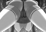  1girl breasts fate/grand_order fate_(series) from_behind greyscale highres ibuki_douji_(fate) ibuki_douji_(swimsuit_berserker)_(fate) jack-o&#039;_challenge large_breasts miniskirt monochrome panties pleated_skirt ribbon-trimmed_thighhighs skirt solo sweat thighhighs underwear user_rwrd8537 