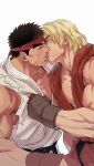  2boys absurdres bara black_hair blonde_hair collarbone couple dougi feet_out_of_frame fingerless_gloves forked_eyebrows from_side gloves headband highres ken_masters kiss large_pectorals male_focus multiple_boys muscular muscular_male pectoral_cleavage pectorals red_shirt ryu_(street_fighter) shirt shirt_grab short_hair sideburns sleeveless street_fighter thick_eyebrows torn_clothes torn_sleeves unfinished white_shirt yaoi yuiofire 