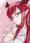  1girl bespectacled breasts cleavage from_above glasses hand_up head_wings koakuma large_breasts long_hair looking_at_viewer nail_polish pink_background pointy_ears red_eyes red_hair red_nails semi-rimless_eyewear shirt sidelocks simple_background sinzan solo touhou wings 