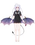  1girl arms_at_sides bangs barefoot bat_wings black_shirt closed_mouth copyright_request demon_tail double_bun full_body glasses hair_bun highres long_hair looking_at_viewer low_wings pink_eyes shirt short_sleeves simple_background solo standing tail white_background white_hair wings zero_(miraichizu) 