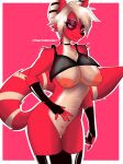  anthro breasts canid canine clothed clothing female fluffy fluffy_tail fur genitals hi_res mammal mauricebeverle2 multicolored_body multicolored_fur nipples partially_clothed pussy red_body red_eyes red_fur simple_background smile solo thick_thighs two_tone_body two_tone_fur white_body white_fur 
