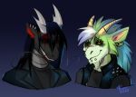 2020 anthro black_clothing black_hair black_jacket black_sclera black_topwear cheek_tuft closed_smile clothed clothing dated dragon duo ear_piercing ear_ring ellian facial_piercing facial_tuft famir_(artist) famir_(character) front_view fur furred_dragon gradient_background green_hair grin hair horn jacket lip_piercing lip_stud looking_at_viewer male mouth_closed piercing ring_piercing signature simple_background smile spiked_clothing spikes stud_piercing topwear tuft white_hair yellow_eyes yellow_horn 