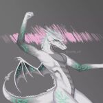  abstract_background anthro blue_eyes claws dragon eyelashes fangs female grey_body horn looking_at_viewer nuree_art pinup pose reevah_(nuree_art) scalie silver_body simple_background solo spikes temptation western_dragon white_body wings 