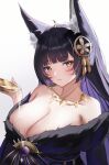  1girl absurdres ahoge animal_ear_fluff animal_ears azur_lane bangs bare_shoulders black_hair blunt_bangs blush breasts cleavage collarbone colored_inner_hair cup facial_mark fox_ears fox_girl fur_trim hair_ornament highres holding holding_cup jewelry large_breasts long_hair looking_at_viewer mitsudomoe_(shape) multicolored_hair musashi_(azur_lane) neck_ring parted_lips pouring pouring_onto_self purple_hair sakazuki solo tomoe_(symbol) upper_body usagi_(786113654) yellow_eyes 